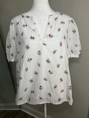 LOFT White Swiss-Dot Floral Split-Neck Puff Sleeve Blouse